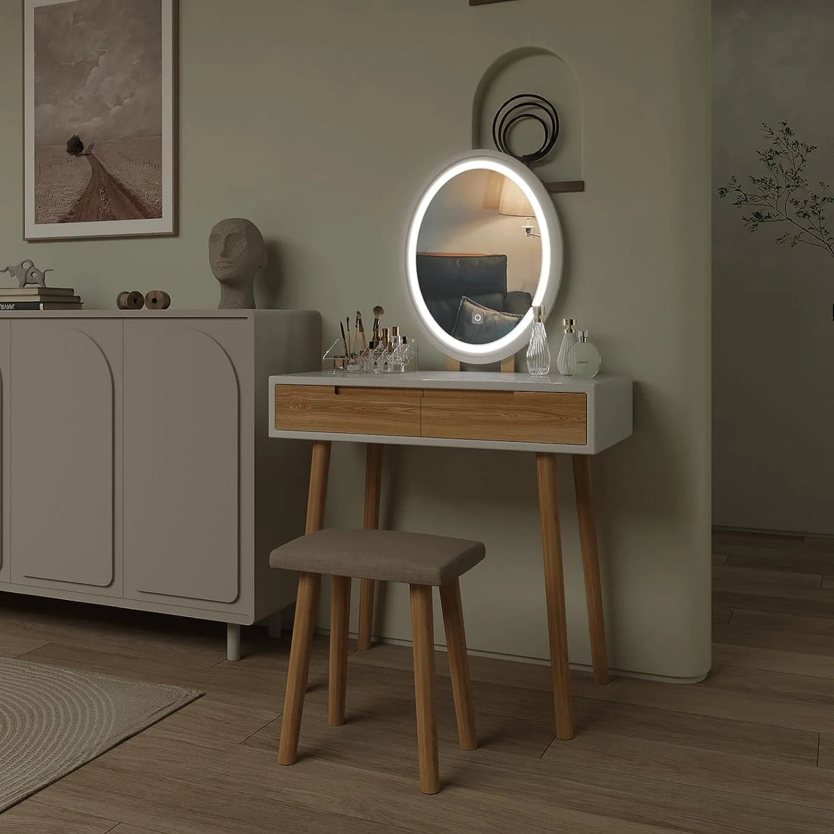 31.5'' Makeup Vanity Desk with Oval Mirror and Stool C60511