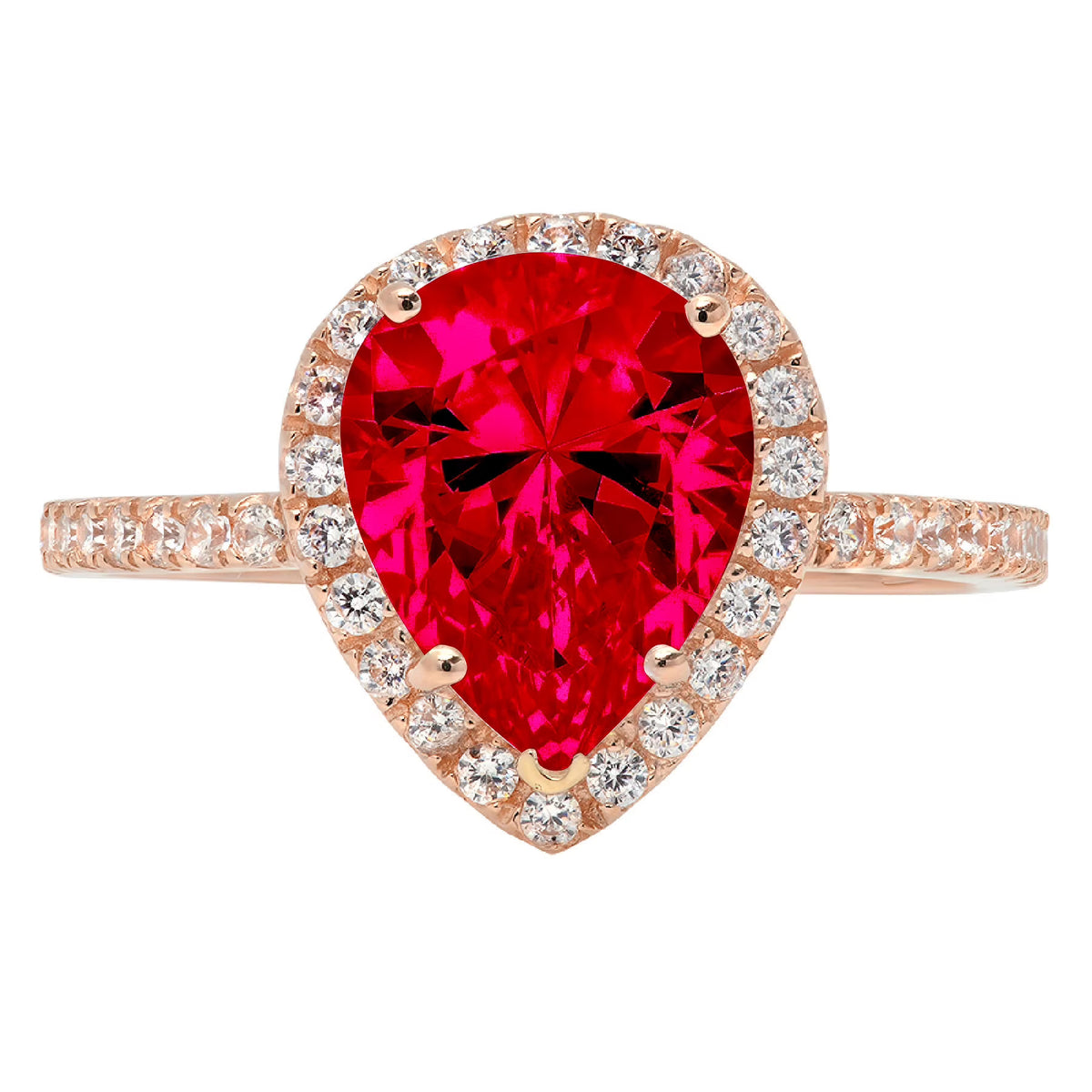 Pear Cut Red Simulated Ruby 18k Pink Rose Gold Halo Ring Size 3.5 G46892