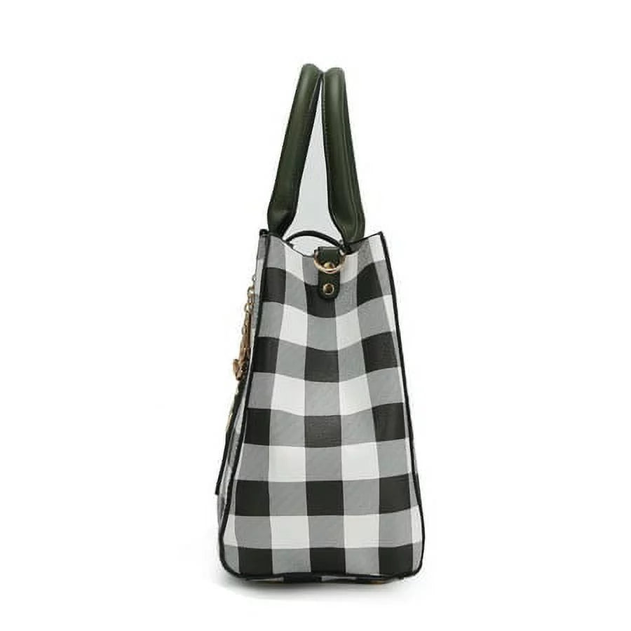 Vegan Leather Checkered Satchel Bag with Wallet 2 Piece Set K146919