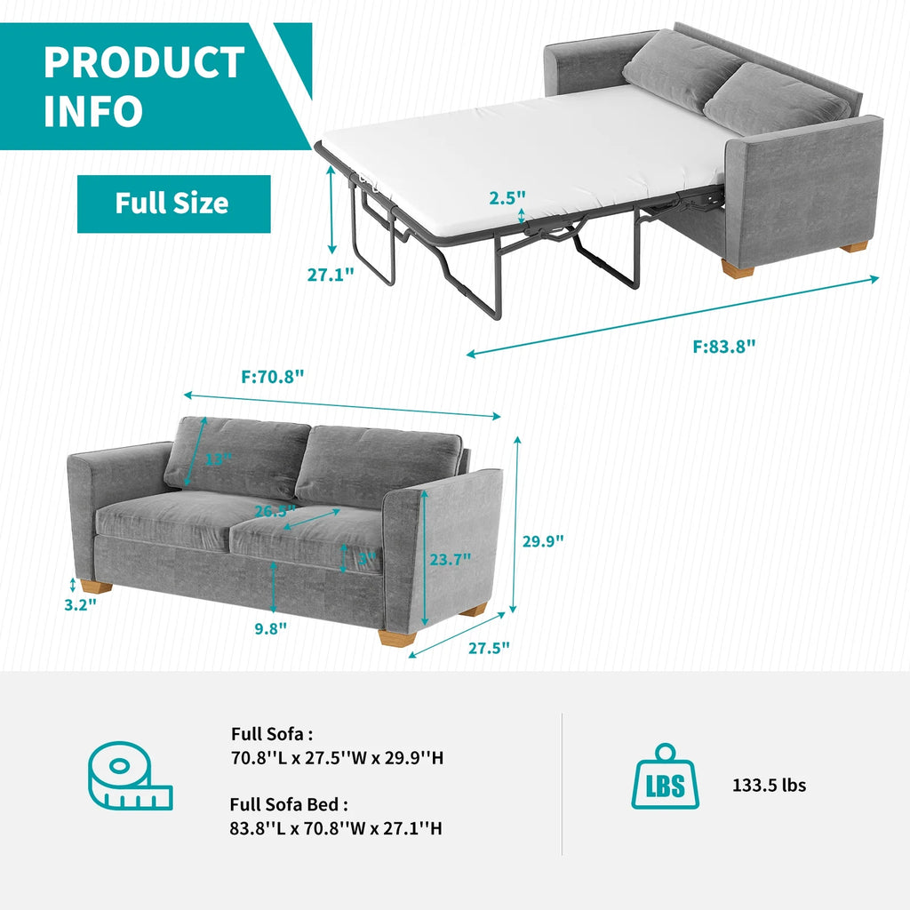 Grey Velvet Full Size Pull Out Sofa Bed with Foam Mattress L1708