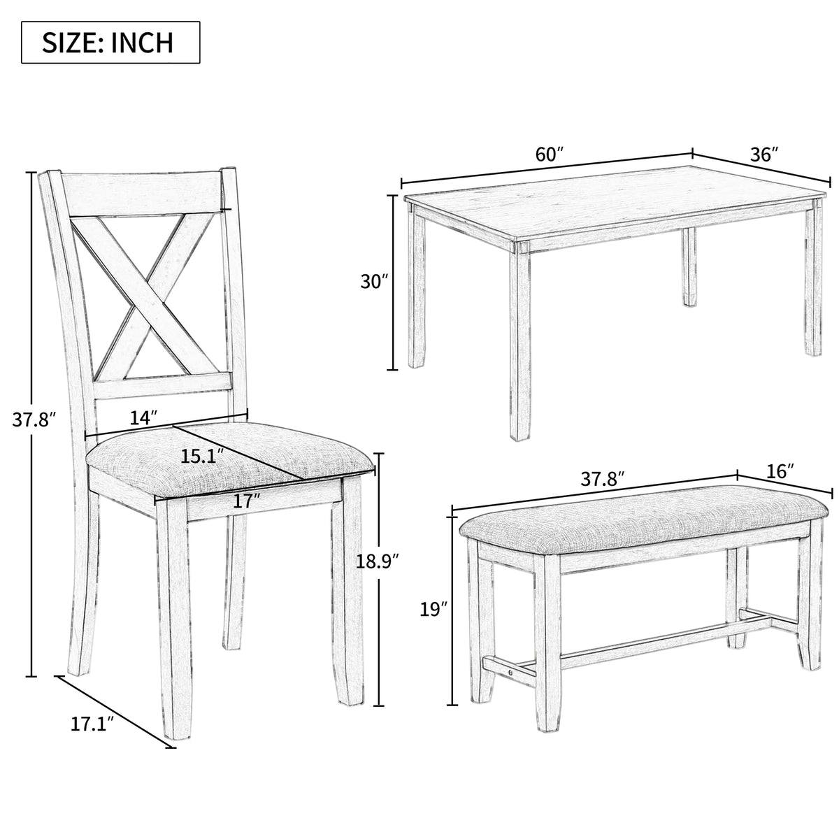 6-Piece Wooden Dining Table Set with 4 Chairs and Bench G9003