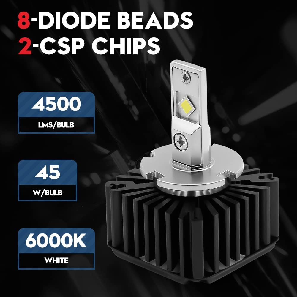 D5S LED Headlight Bulb Conversion Kit, 90W 9000Lms 6000K White, 24-CSP Chips, 2 Pack P534820