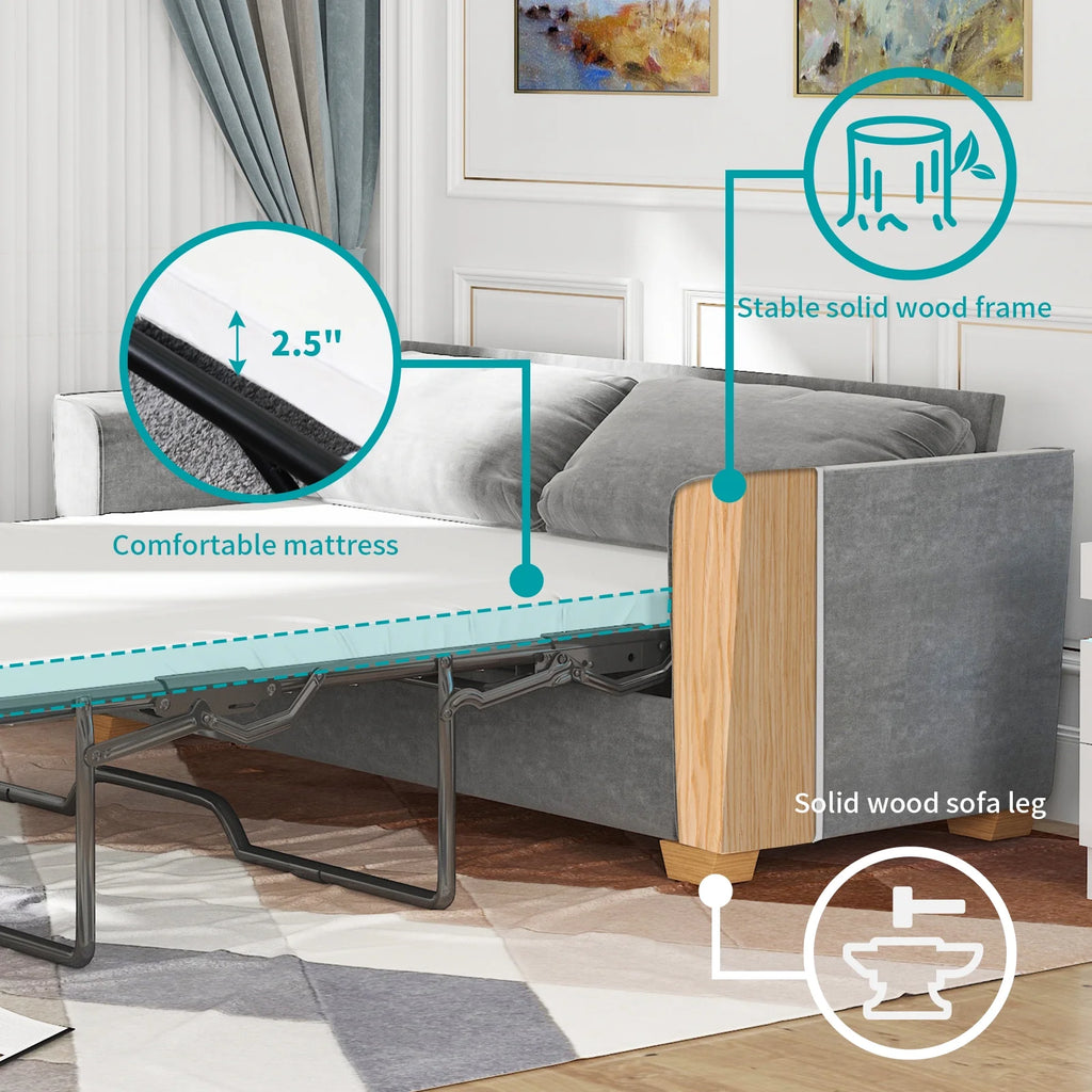 Grey Velvet Full Size Pull Out Sofa Bed with Foam Mattress L1708