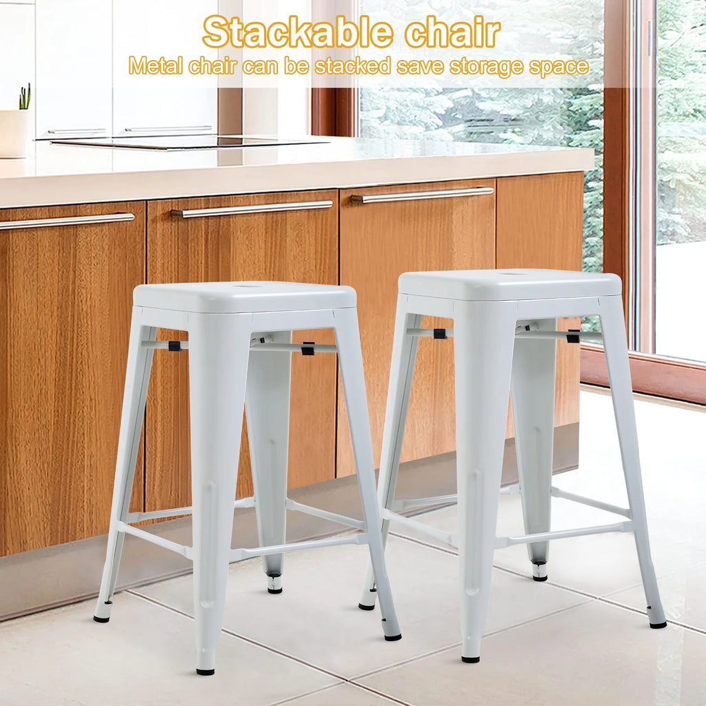 Metal Bar Stools Set of 4, 24 inch White Stackable Backless Counter Height L16383
