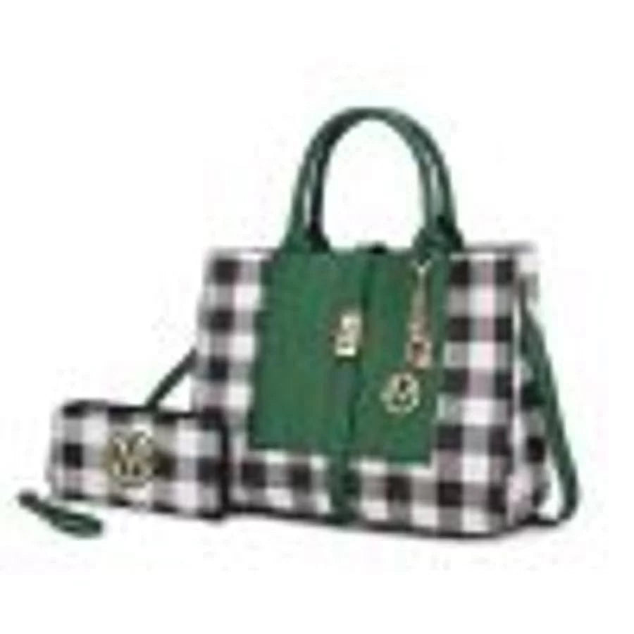 Vegan Leather Checkered Satchel Bag with Wallet 2 Piece Set K146919