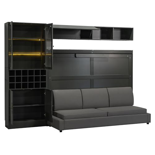 Grey Queen Size Murphy Bed with Sofa and Shelves H293
