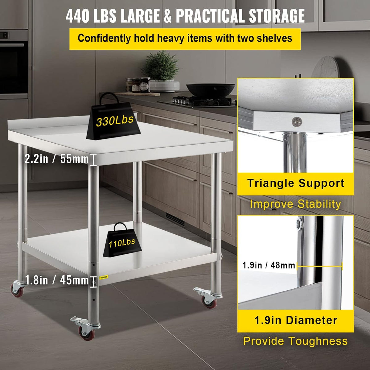 Stainless Steel Prep Table, 30 x 24 x 35 Inch, 440lbs Load Capacity, with Backsplash, Adjustable Undershelf & 4 Casters C81346