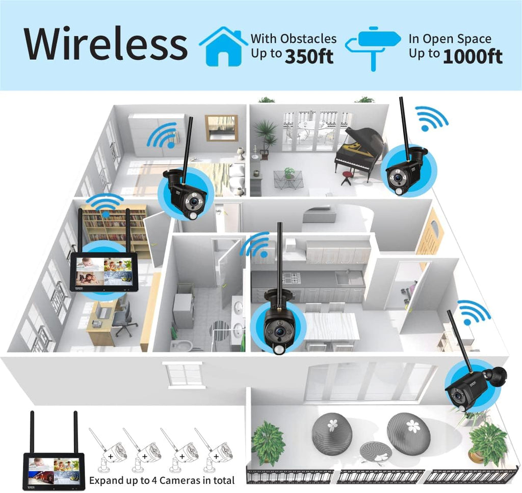 Portable LCD Security Camera System Wireless, 7" IPS Touchscreen Monitor with Battery, 4CH NVR and 4PCS 3MP Cameras with PIR Sensor, 32GB SD Card Included Z2793