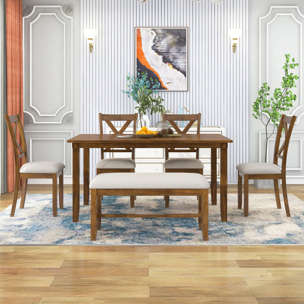 6-Piece Wooden Dining Table Set with 4 Chairs and Bench G9003