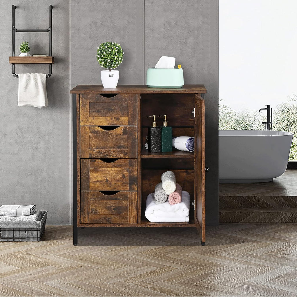 Rustic Brown 4 Drawer 1 Door Wooden Metal Frame Bathroom Floor Cabinet X6931