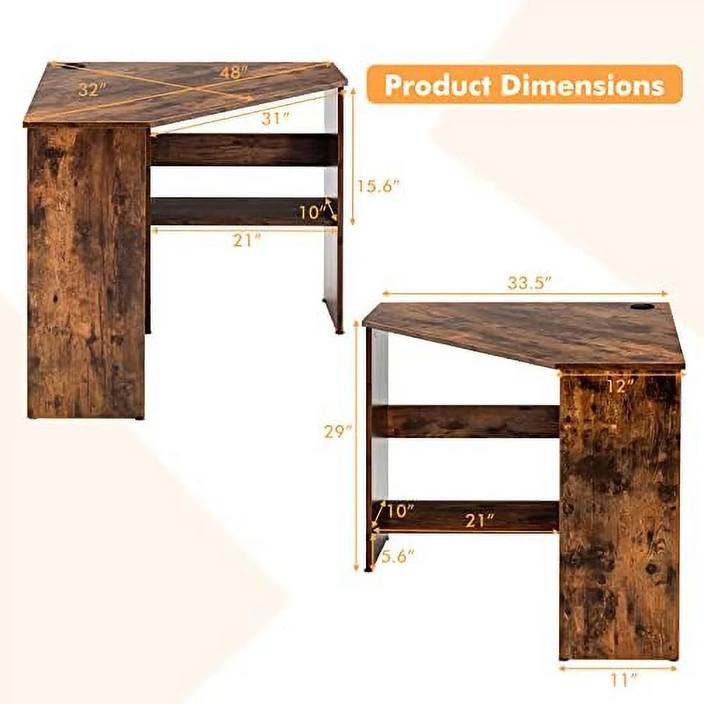 Corner Computer Desk Triangular Writing Desk with 2 Shelves W13936