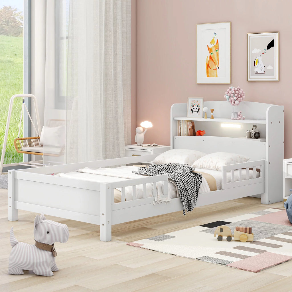 Twin Size Wood Platform Bed with Storage Headboard and Guardrail S570533