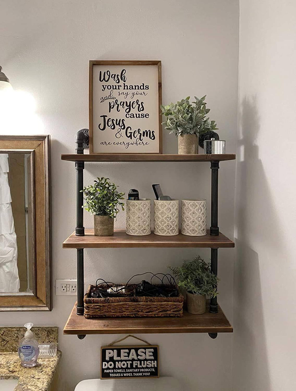 Industrial Pipe Bookcase Wall Shelf, Rustic Floating Wood Shelves 24'' M89715