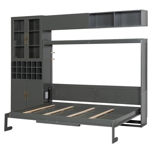 Grey Queen Size Murphy Bed with Sofa and Shelves H293