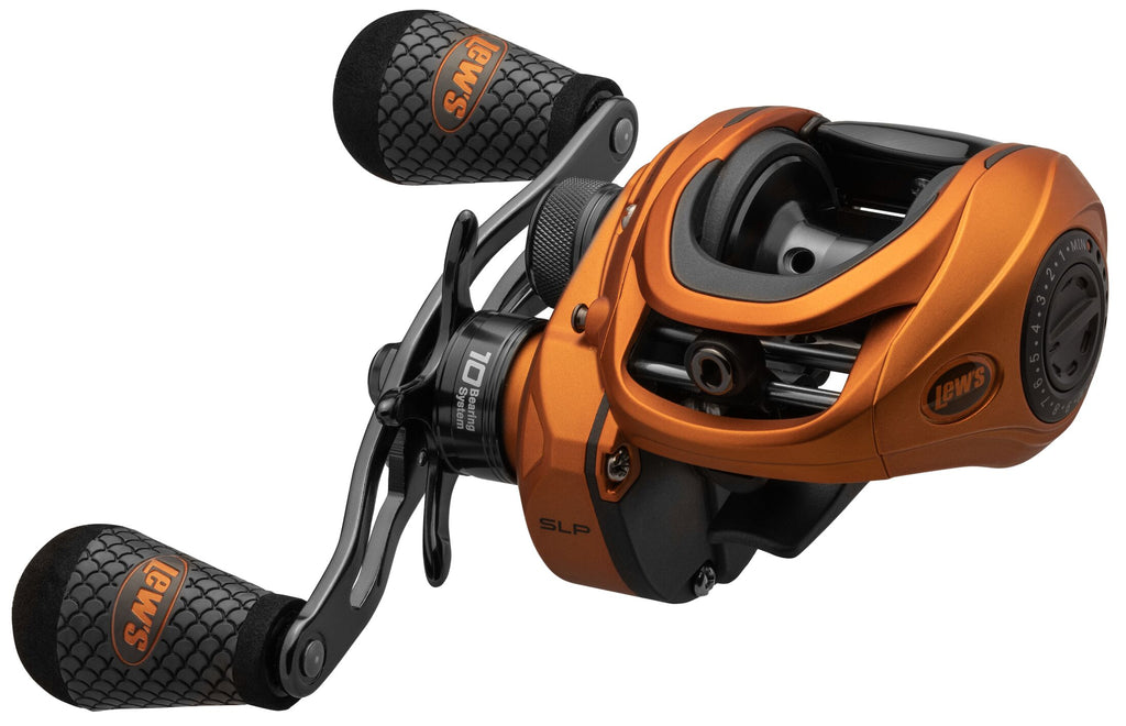 Orange Baitcast Fishing Reel, Right-Hand Retrieve, 7.5:1 Gear Ratio, 10 Bearing System L6317