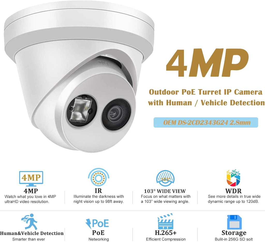 4MP PoE Outdoor Turret IP Camera with 98ft Night Vision, IP67 Waterproof, 256GB Micro SD Storage C2560
