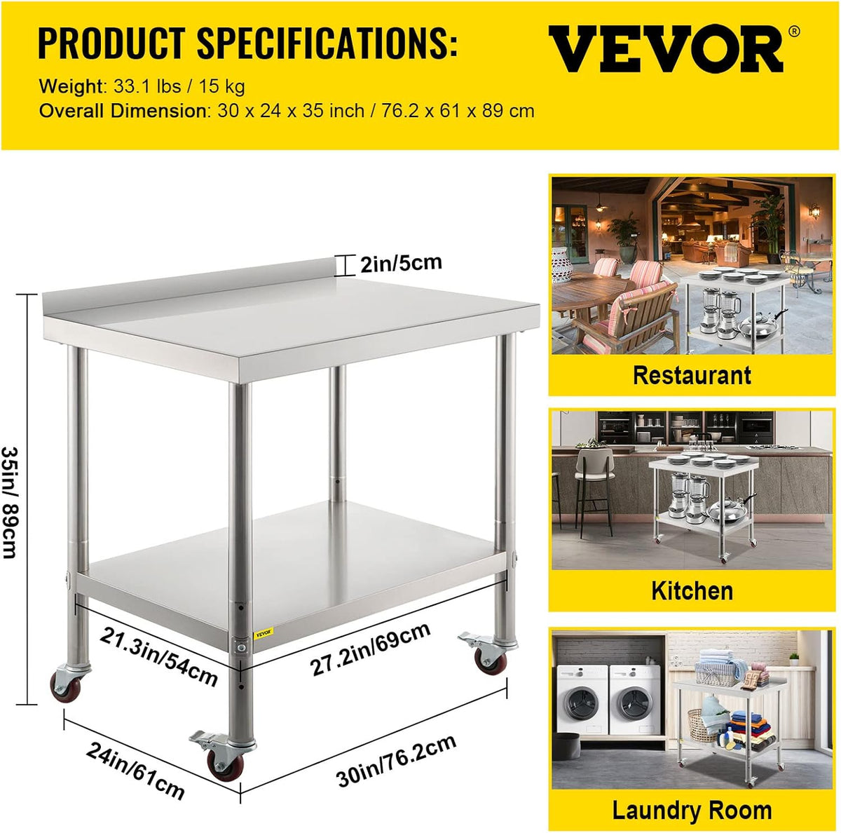 Stainless Steel Prep Table, 30 x 24 x 35 Inch, 440lbs Load Capacity, with Backsplash, Adjustable Undershelf & 4 Casters C81346