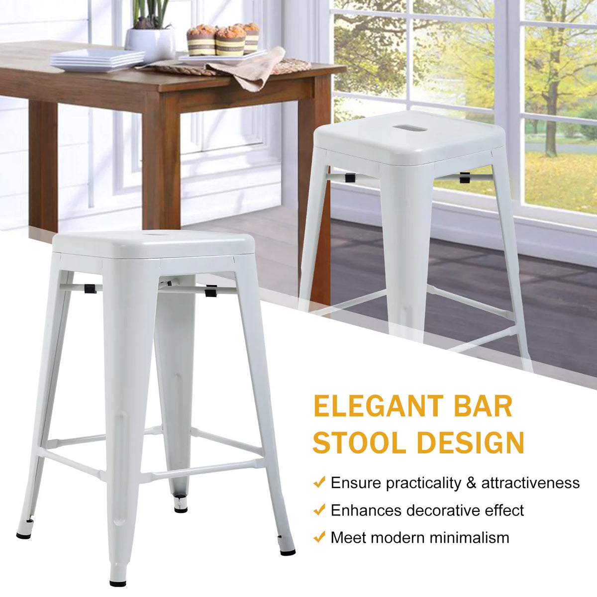 Metal Bar Stools Set of 4, 24 inch White Stackable Backless Counter Height L16383