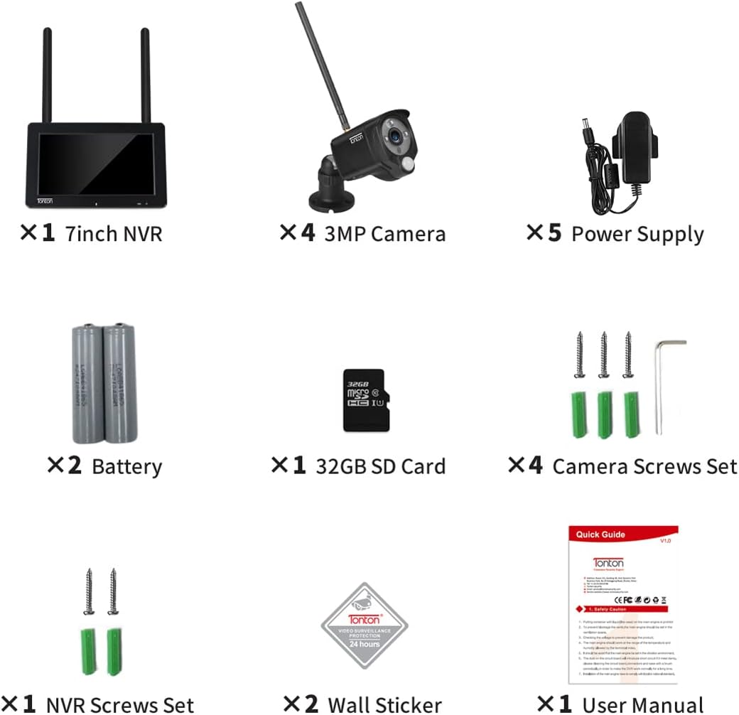 Portable LCD Security Camera System Wireless, 7" IPS Touchscreen Monitor with Battery, 4CH NVR and 4PCS 3MP Cameras with PIR Sensor, 32GB SD Card Included Z2793