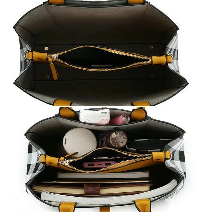 Vegan Leather Checkered Satchel Bag with Wallet 2 Piece Set K146919