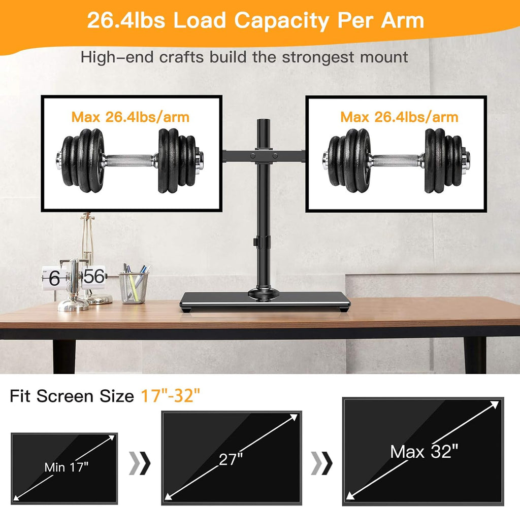 Dual Monitor Stand with Glass Base, Height Adjustable Two Arm Monitor Mount, Heavy Duty, Pack of 2 Q96151