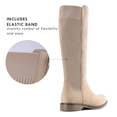 Knee High Boots Flat Low Heel Stretchy Round Toe with Side Zipper Z8201