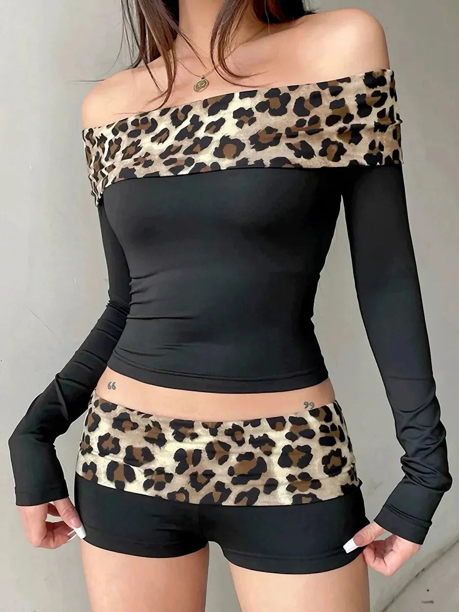 Cheetah Print Off Shoulder 2 Pcs Set O5966