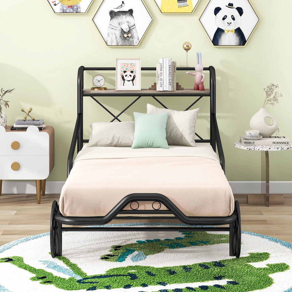 Twin Size Black Metal Car Bed with Guardrails R75187