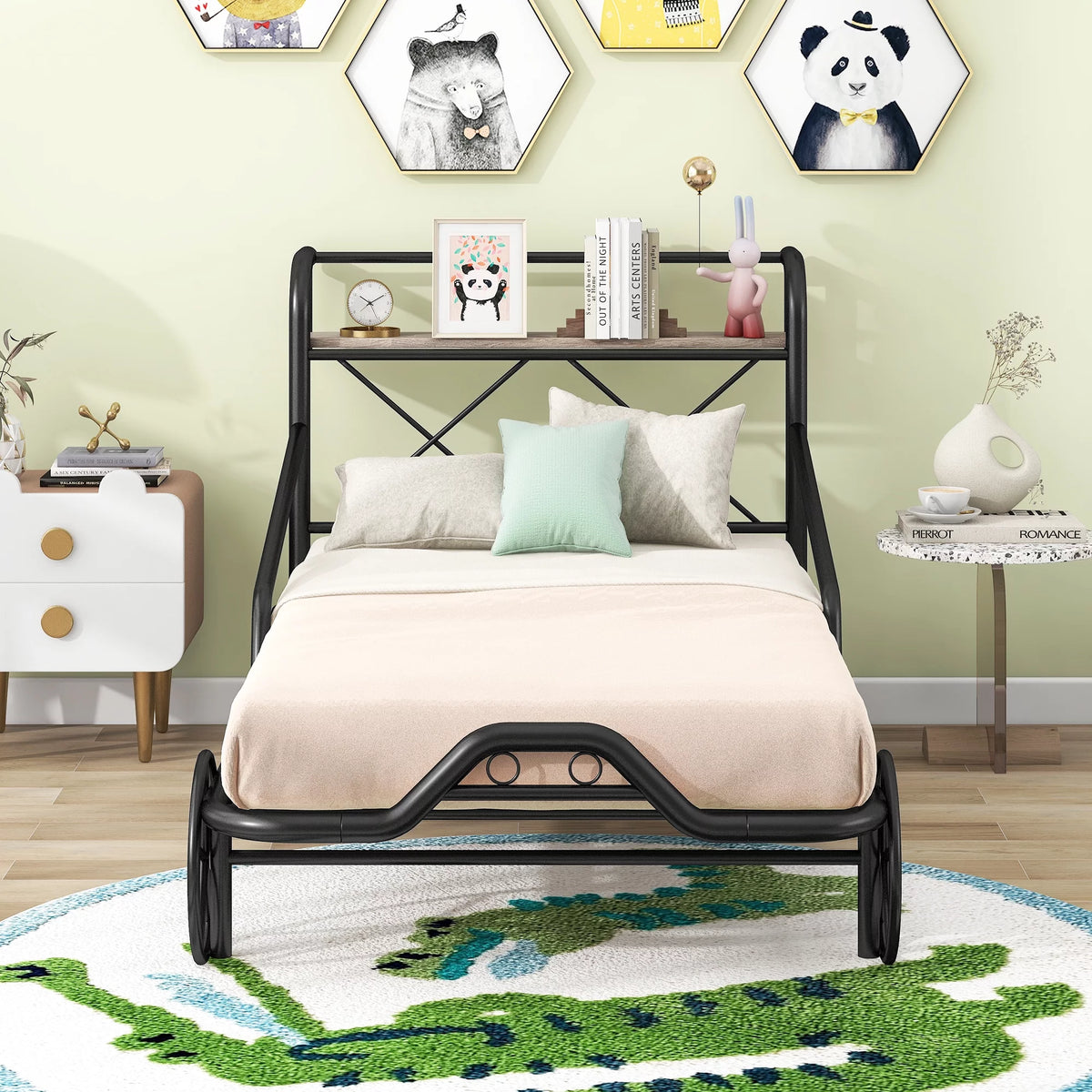 Twin Size Black Metal Car Bed with Guardrails R75187