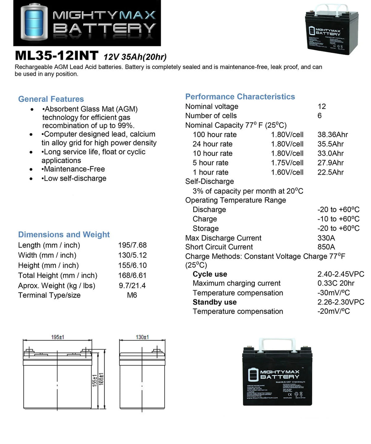 12V 35AH Deep Cycle Battery O31056