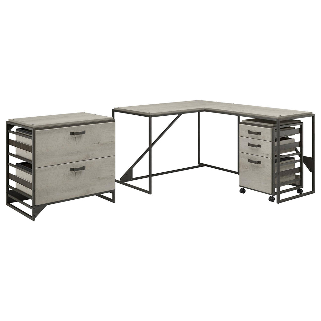 White L Shaped Industrial Desk with File Cabinets G118642
