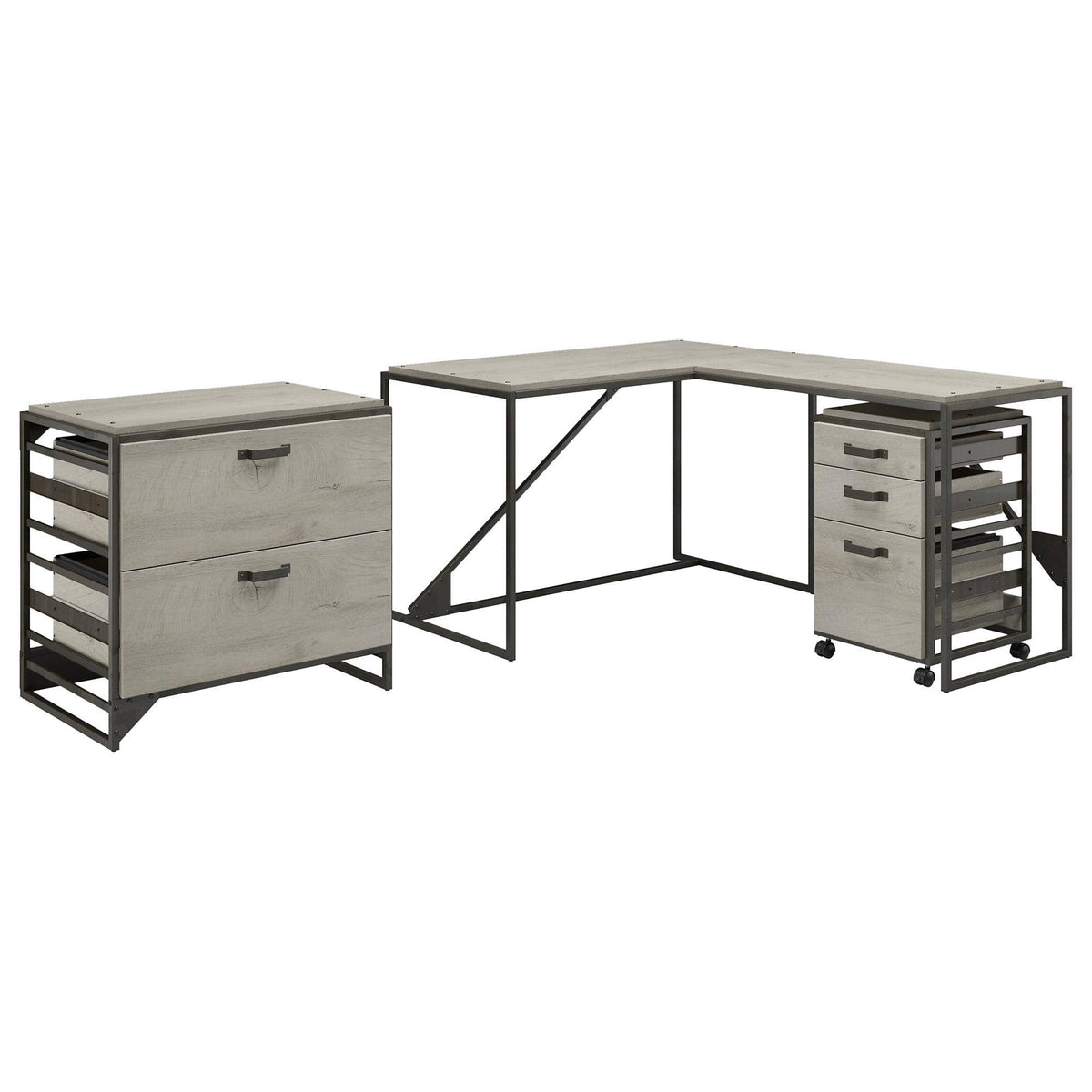 White L Shaped Industrial Desk with File Cabinets G118642