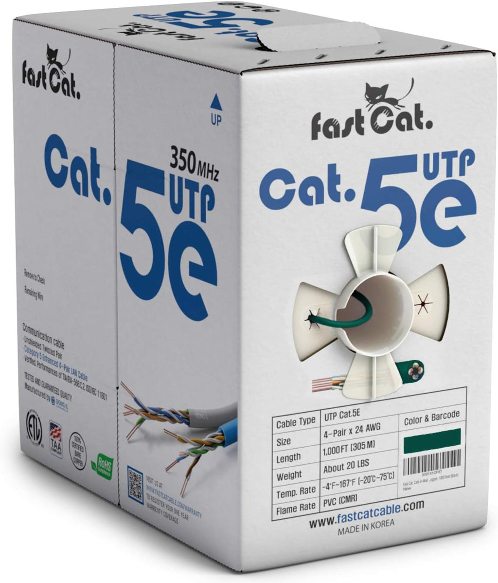 Cat5e Ethernet Cable 1000ft - 24 AWG CMR Insulated Bare Copper Wire UTP LAN Cable Y91834