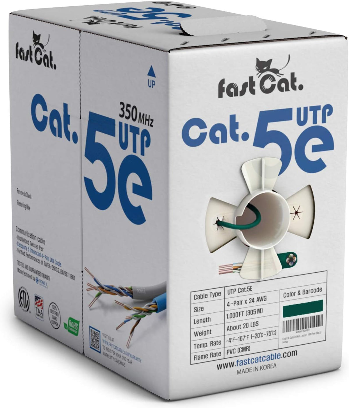 Cat5e Ethernet Cable 1000ft - 24 AWG CMR Insulated Bare Copper Wire UTP LAN Cable Y91834