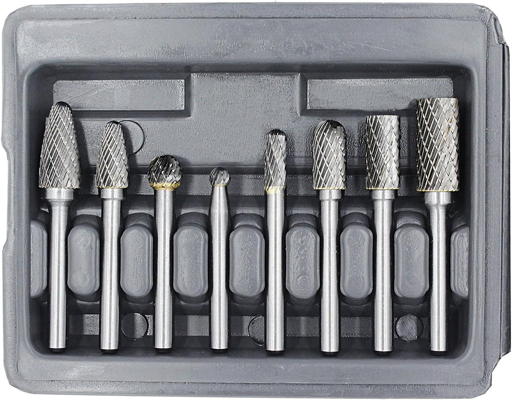 Carbide Burr Set with 1/4'' Shank 8pcs Double Cut Solid Carbide Rotary Burr Set C477084