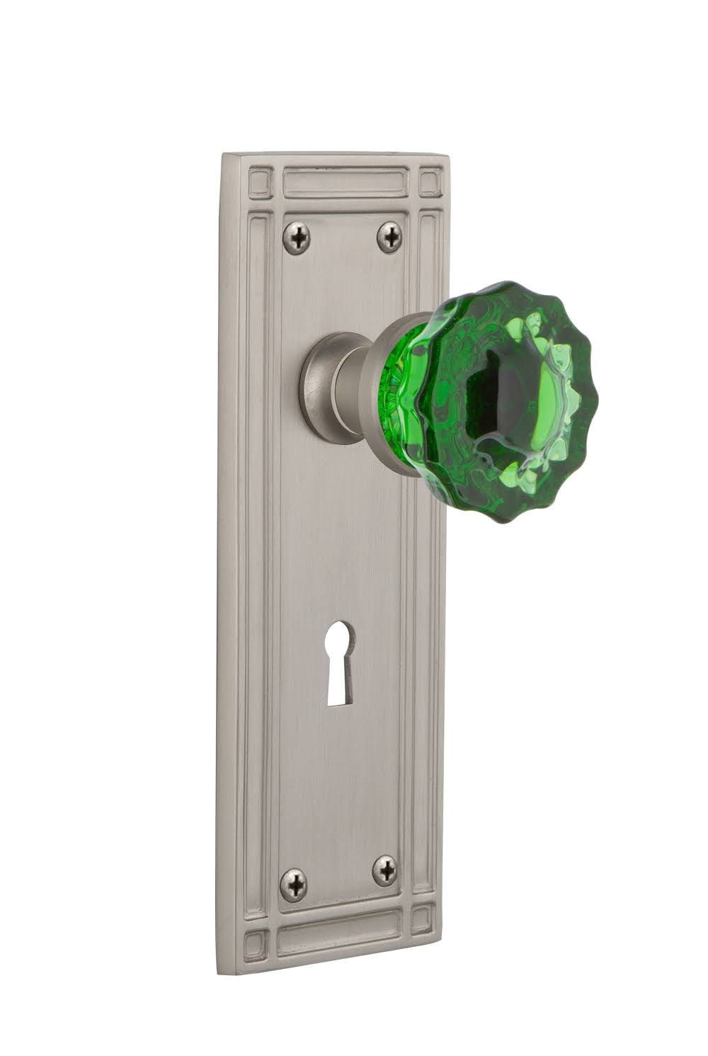 Satin Nickel Mission Door Knob with Crystal Emerald Glass U4384