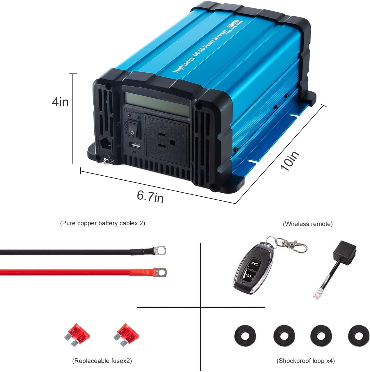 600 Watt Pure Sine Wave Power Inverter 12v to 110v DC to AC with USB and AC Outlet S390