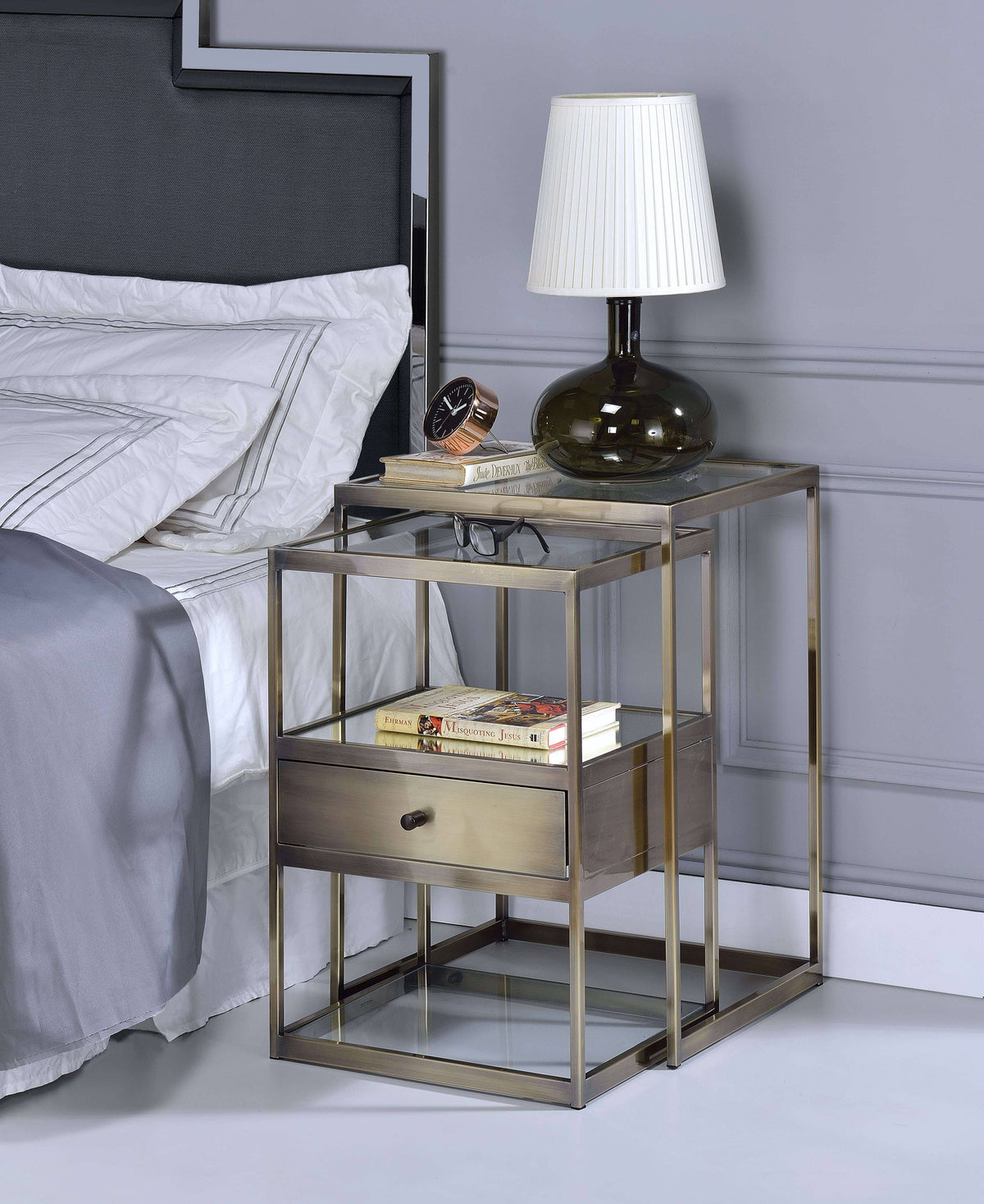 2 Piece Nesting Tables Set Antique Brass Clear Glass I125409