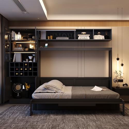Grey Queen Size Murphy Bed with Sofa and Shelves H293