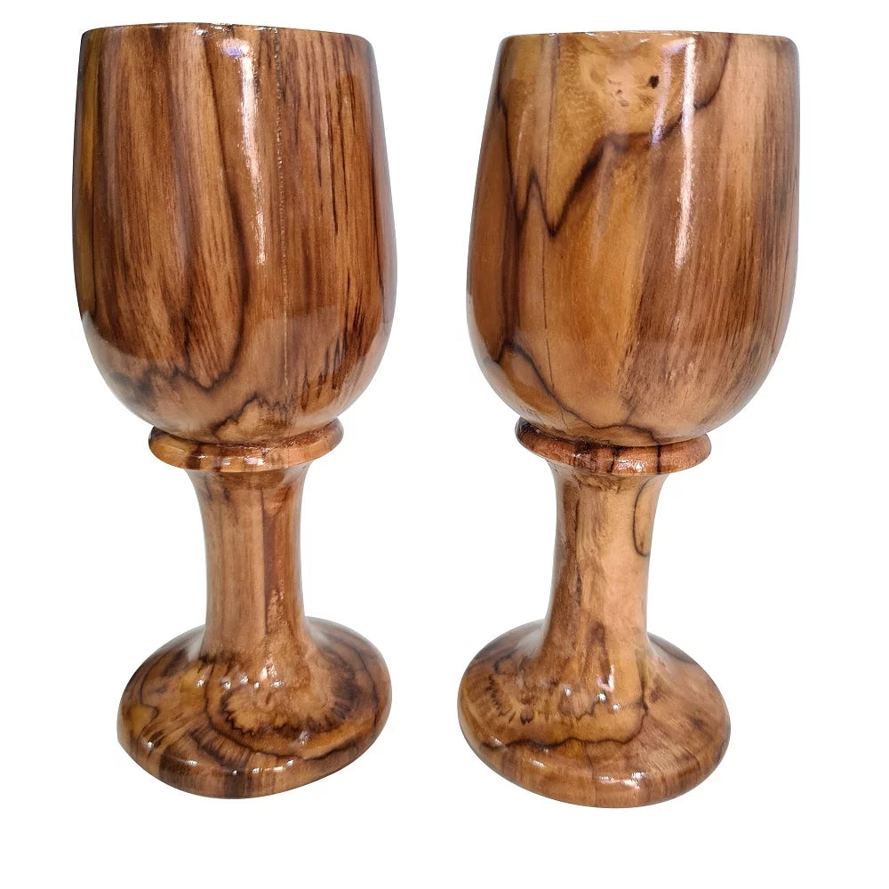 Rustic Dark Brown Wooden Wine Glass Goblet Drinkware Cup Set of 2 A67006