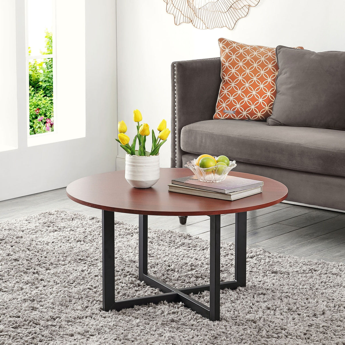 32-inch Modern Round Coffee Table with Wood Top T955334