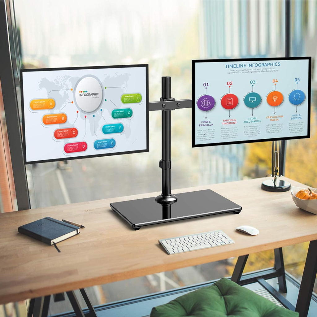 Dual Monitor Stand with Glass Base, Height Adjustable Two Arm Monitor Mount, Heavy Duty, Pack of 2 Q96151