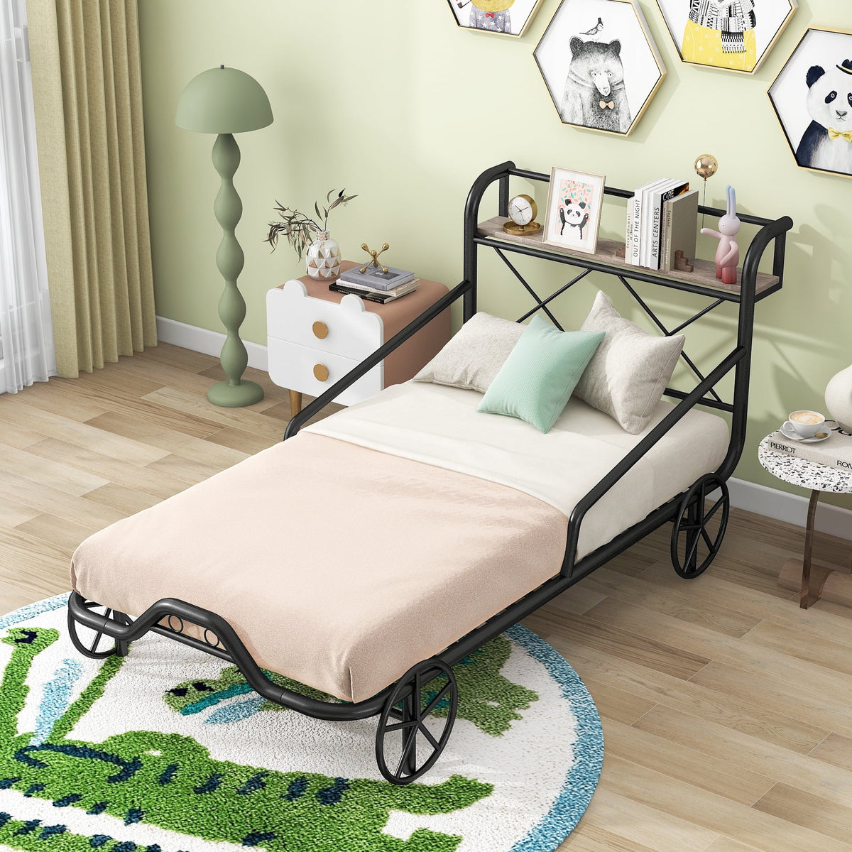 Twin Size Black Metal Car Bed with Guardrails R75187