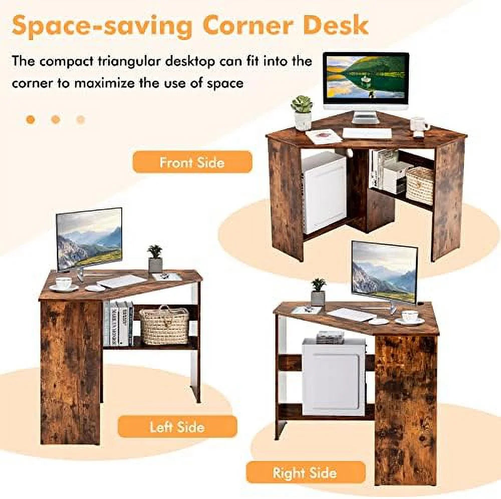 Corner Computer Desk Triangular Writing Desk with 2 Shelves W13936