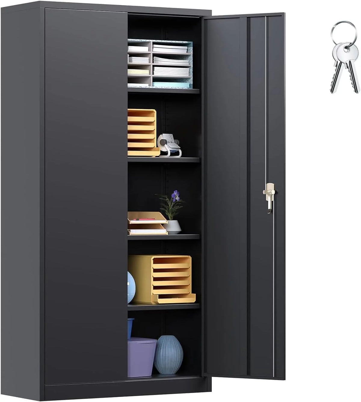 71 In Black Metal Storage Cabinet with Locking Doors and Adjustable Shelves X43508