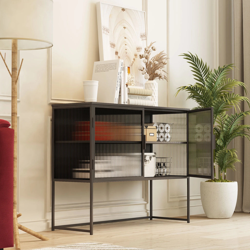Gray Fluted Glass Sideboard Storage Cabinet Console Table O67401