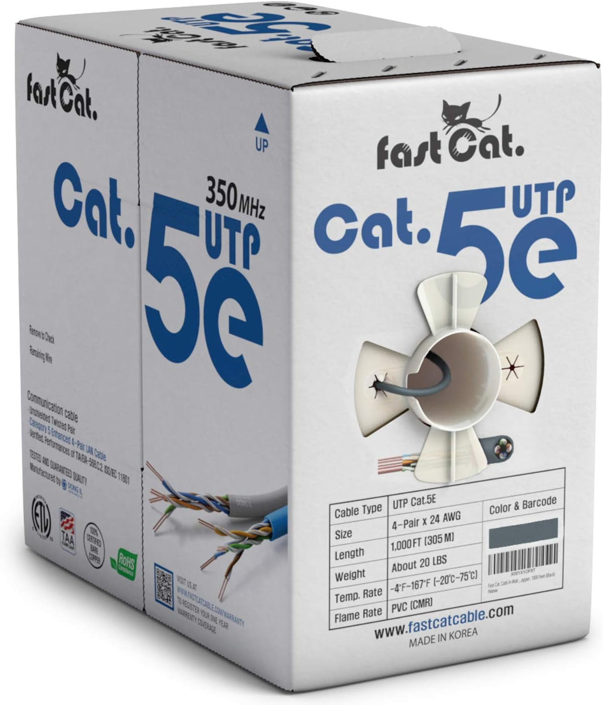 Cat5e Ethernet Cable 1000ft - 24 AWG CMR Insulated Bare Copper Wire UTP LAN Cable Y91834