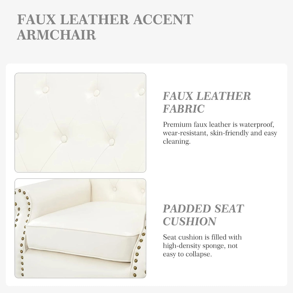Ivory Faux Leather Accent Chair with Solid Wood Legs X716