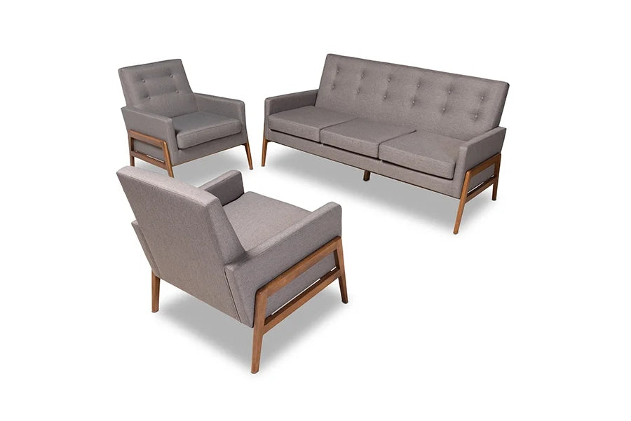 Light Grey Fabric Upholstered Walnut Wood 3-Piece Living Room Set Q935