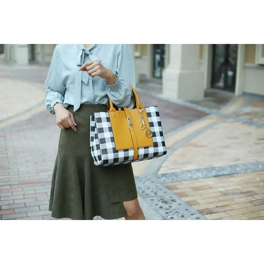Vegan Leather Checkered Satchel Bag with Wallet 2 Piece Set K146919